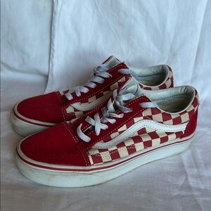 Vans Red and White Athletic Shoes with Checkerboard Design